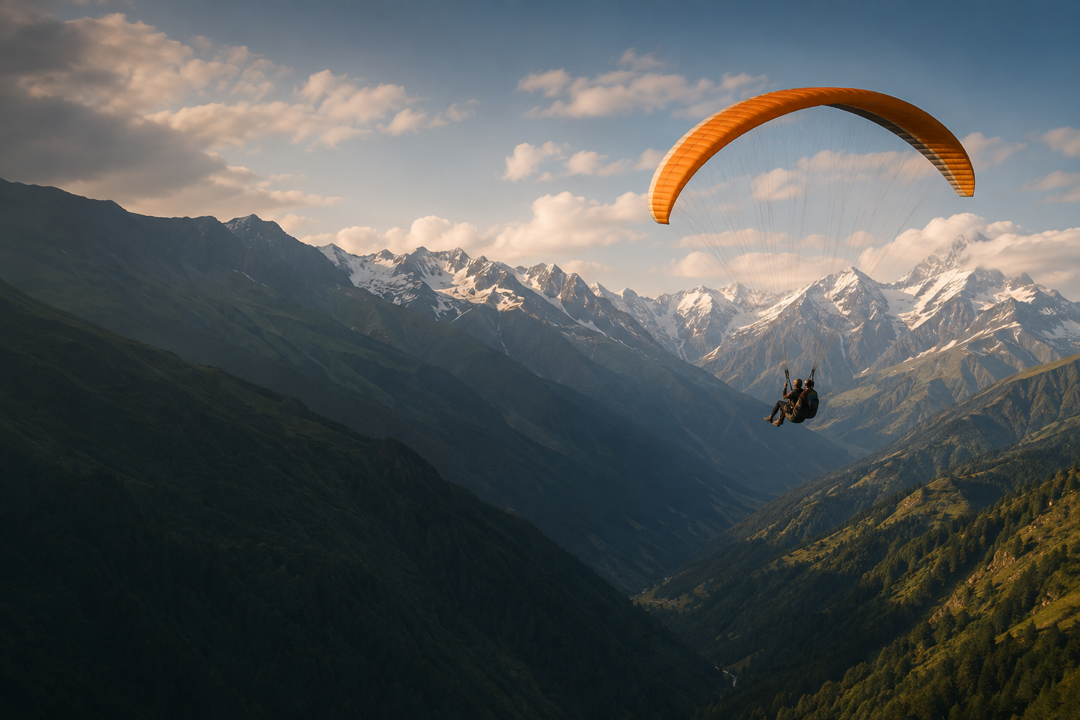 A tandem paraglider flying above the mountain valleys of Svaneti